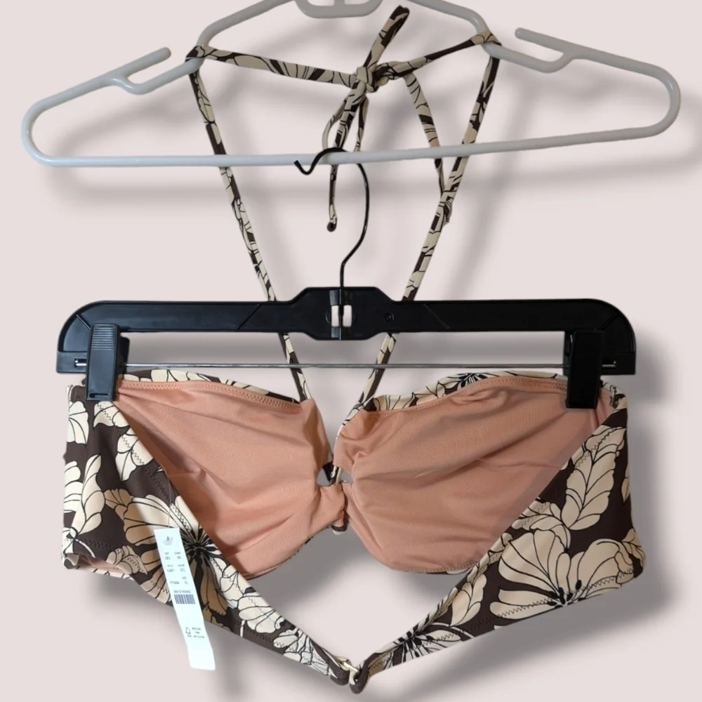 J. Crew Brown Floral Cut-Out Halter Bikini Top Boho Bohemian Coastal Beachy